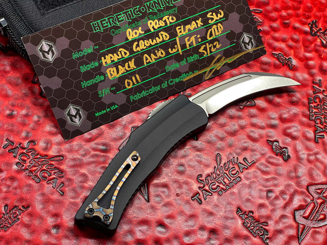 Heretic Knives ROC Prototype, HandGround Elmax, Stonewash, Black Ano w/ Flame Ti Clip