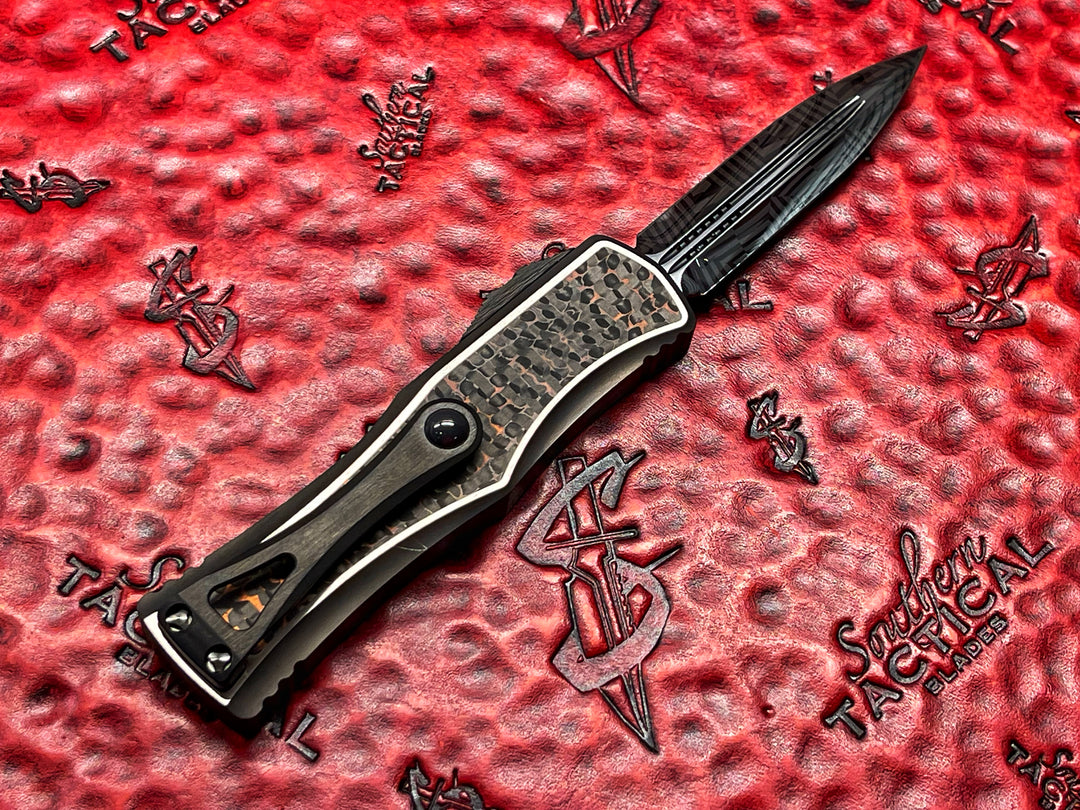 MARFIONE Hera Double Edge Hot Blued Mosaic Damascus, two tone satin Titanium with Snakeskin Copper Fat Carbon inlay, Carbon Fiber Button and two tone DLC Accents