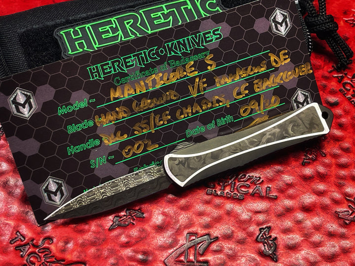 Heretic Knives Custom Manticore S, Hand Ground Double Edge, Vegas Forge Damascus, DLC Stainless Steel w/ Marbled Carbon Fiber Inlay, Marbled Carbon Fiber Back cover