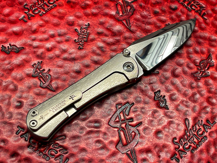 Marfione Custom Knives/ Borka Blades SBDP (Drop Point) Custom Folder, Mirror Polished, Barked Titanium w/ Satin Hardware