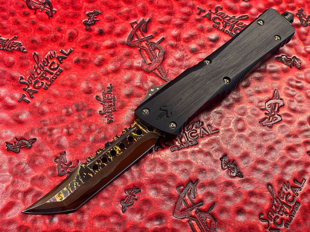 Marfione Custom Combat Troodon Hellhound Tanto, Hot Blued Baker Forge Tiger Mai Damascus, Hefted Alloy Chassis, Copper Ringed Hardware