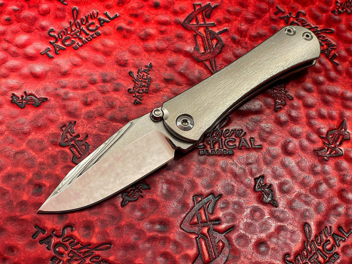 Marfione Custom Knives/ Borka Blades SBDP (Drop Point) Custom Folder, Mirror Polished, Barked Titanium w/ Satin Hardware