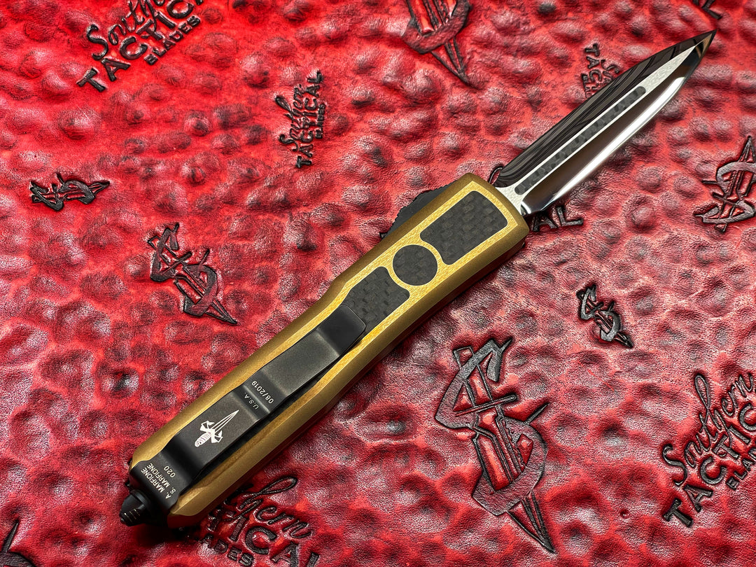 Marfione Custom Ultratech OTF Knife - D/E Mirror Polished Blade, Carbon Fiber, Brass Chassis
