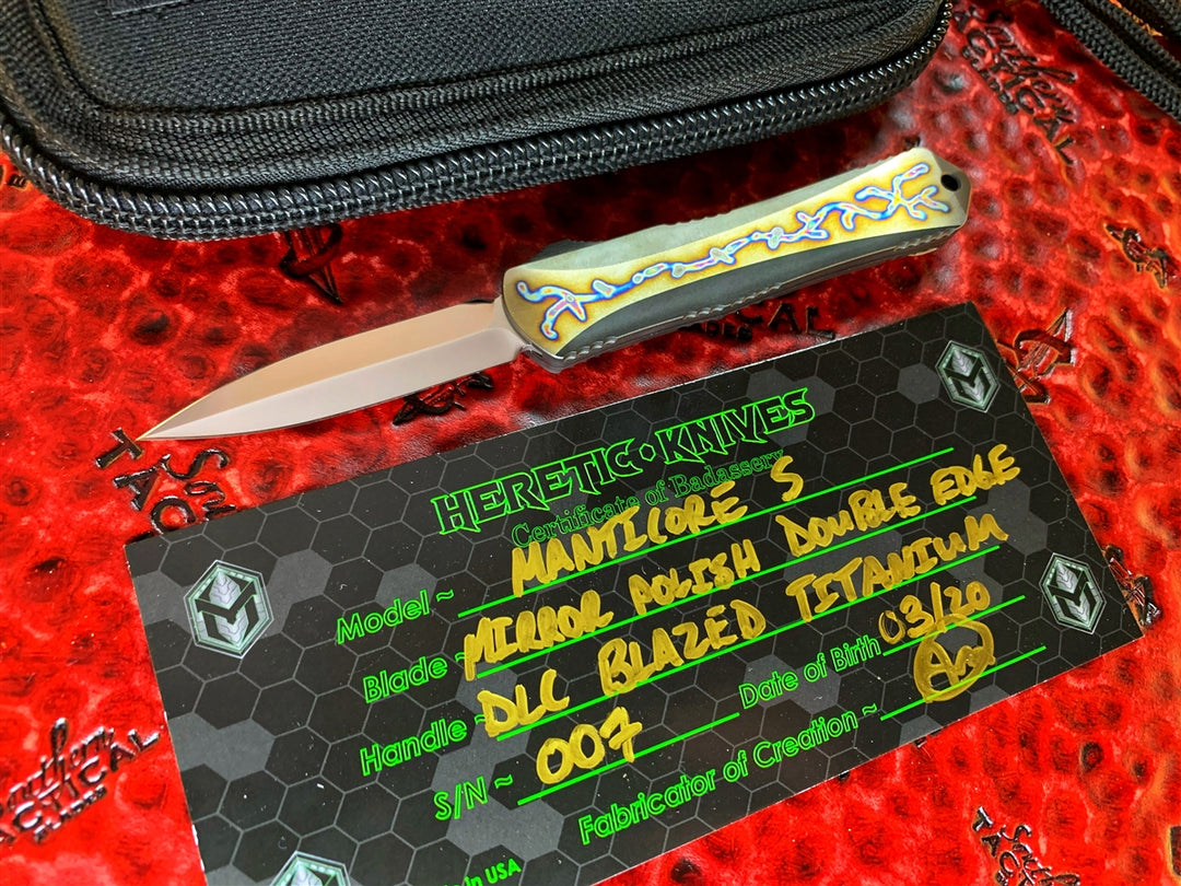 Heretic Knives Manticore S, Mirror Polished Spike Grind, DLC Blazed Titanium