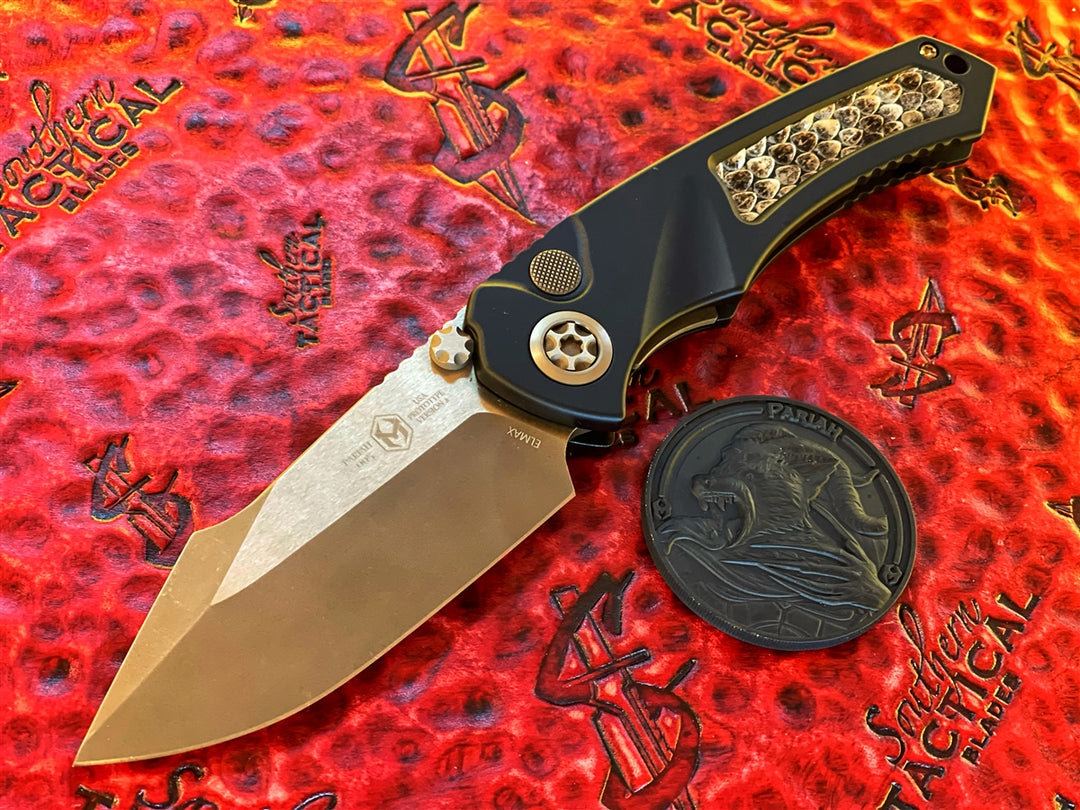 Heretic Knives Pariah Prototype V2, Elmax Battleworn Bronze w/ Rattlesnake Inlay