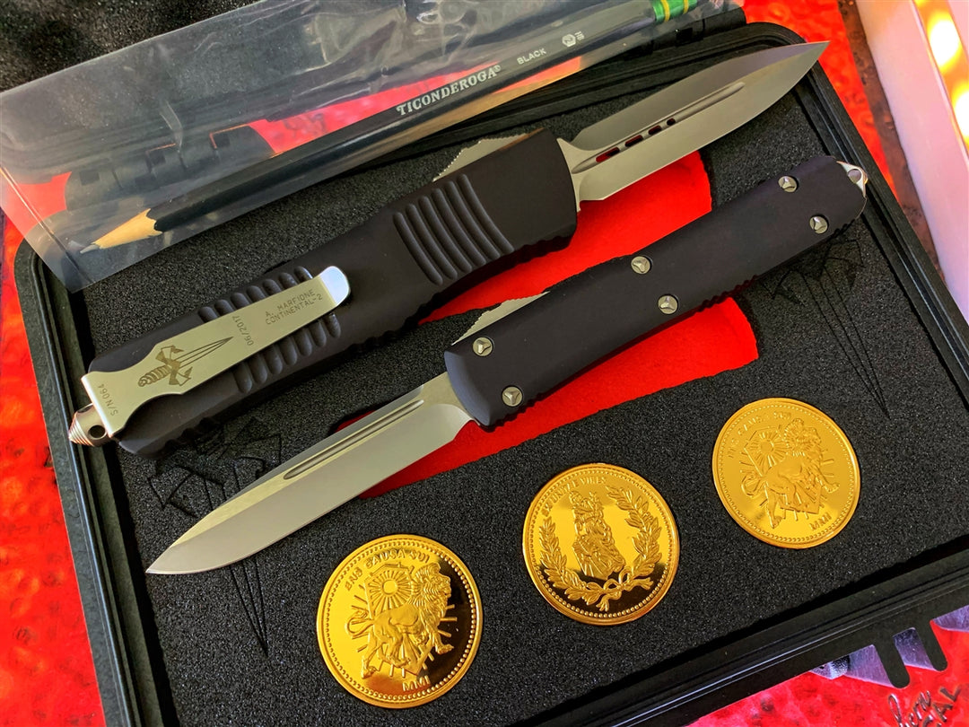 The Continental Collectors Set,   Marfione Custom Ultratech Single Edge and Combat Troodon Double Edge, 3 gold plated collectors coins, a Ticonderoga Black No.2 pencil, all packaged in a custom Pelican case.