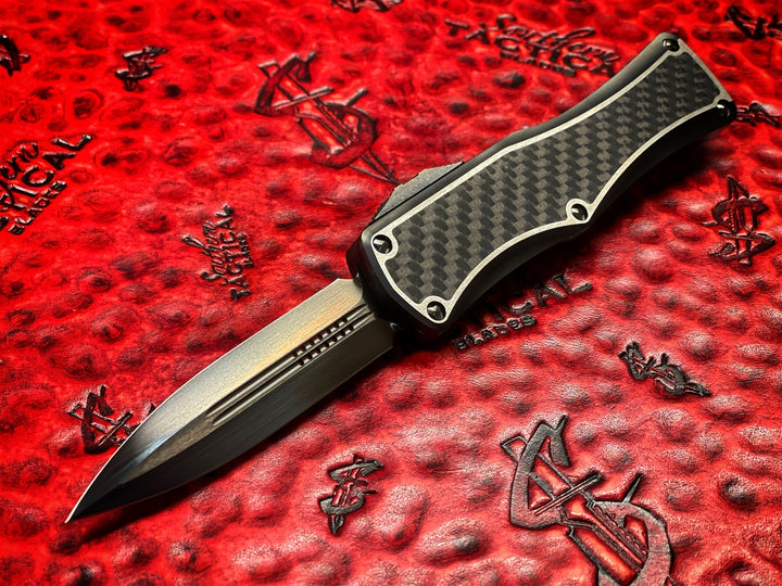 MARFIONE Hera Double Edge DLC Satin Finish, two tone satin Titanium with carbon fiber inlay, Carbon Fiber Button and two tone DLC Accents