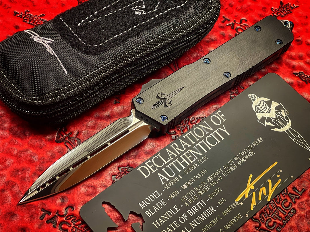Marfione Custom Knives Scarab II Double Edge, Mirror Polished, Hefted Aluminum w/ Blue Ringed Titanium Accents