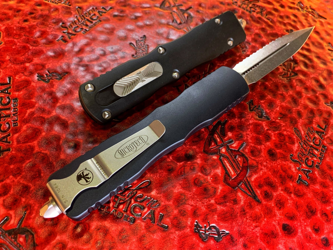 Microtech Dirac Delta Double Edge Stonewashed Full Serrated