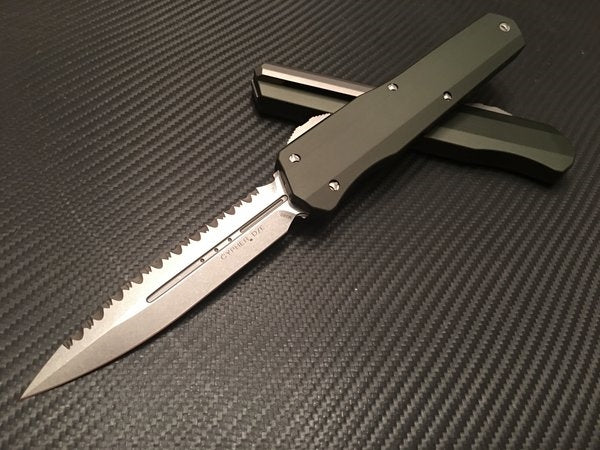 Microtech Cypher Double Edge Stonewashed Full Serrated OD Green