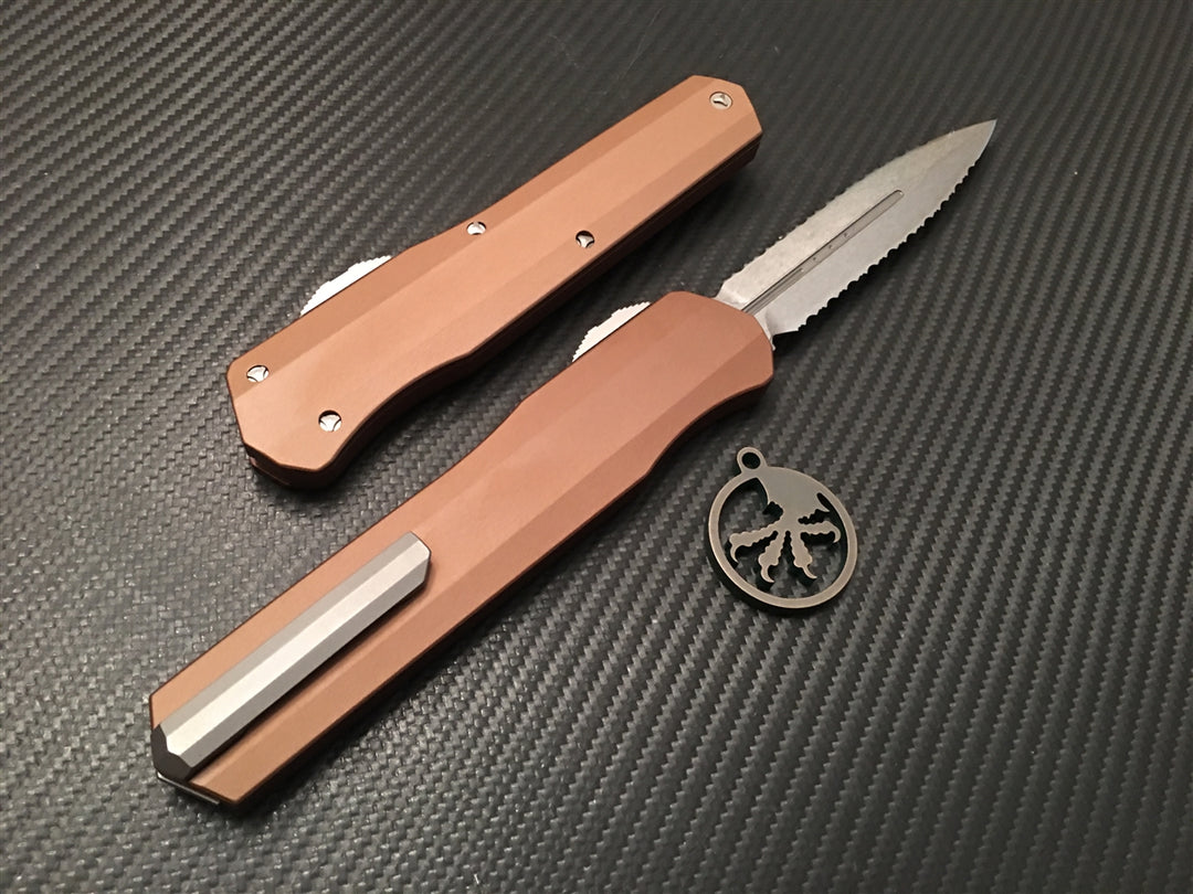 Microtech Cypher Double Edge Stonewashed Double Full Serrated Tan