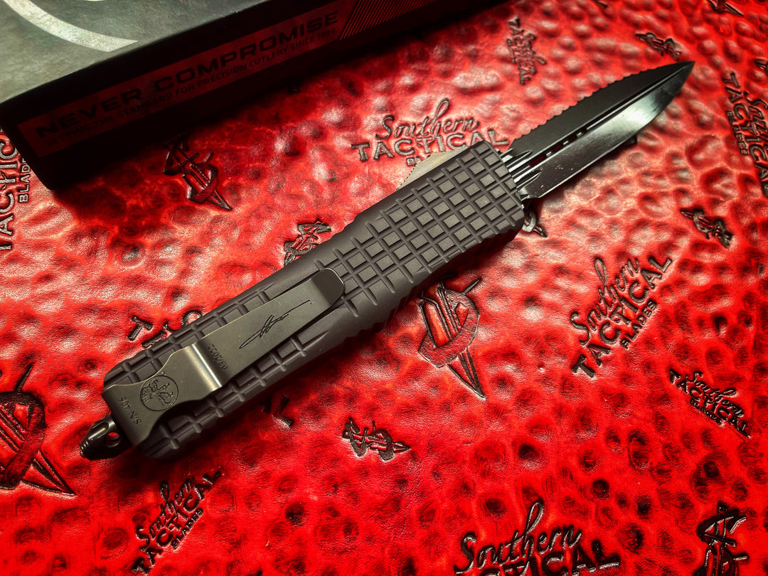 Microtech Combat Troodon Delta Double Edge Frag Shadow Full Serrated DLC w/ DLC Parts and Nickel Boron Internals (Certified Pre-Owned)