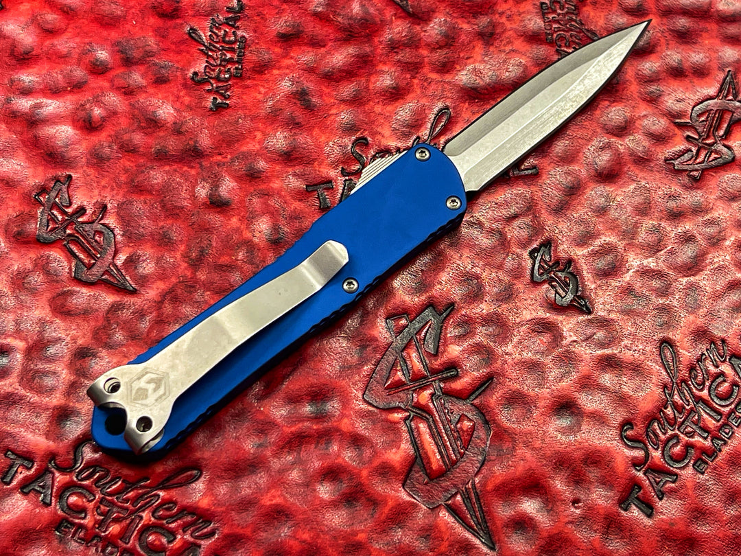 Heretic Knives Manticore S, Double Edge Stonewash finish, Blue, Double action OTF Knife