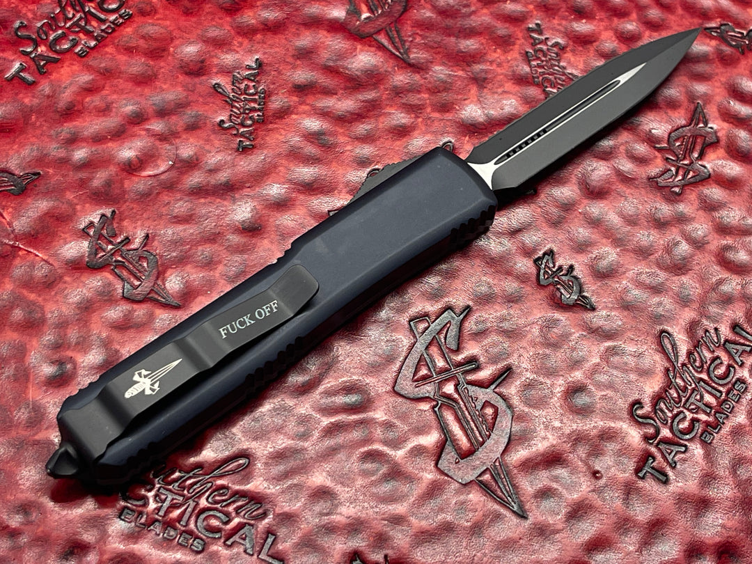 Microtech “Fuck Off” Set, w/ Ultratech, UTX-85, and UTX-70, Double Edge, Full Serrated w/ Jade Green G10 Top Double Action OTF Knives