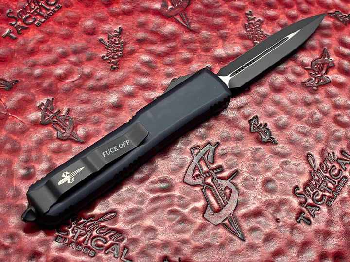Microtech “Fuck Off” Set, w/ Ultratech, UTX-85, and UTX-70, Double Edge, Full Serrated w/ Jade Green G10 Top Double Action OTF Knives