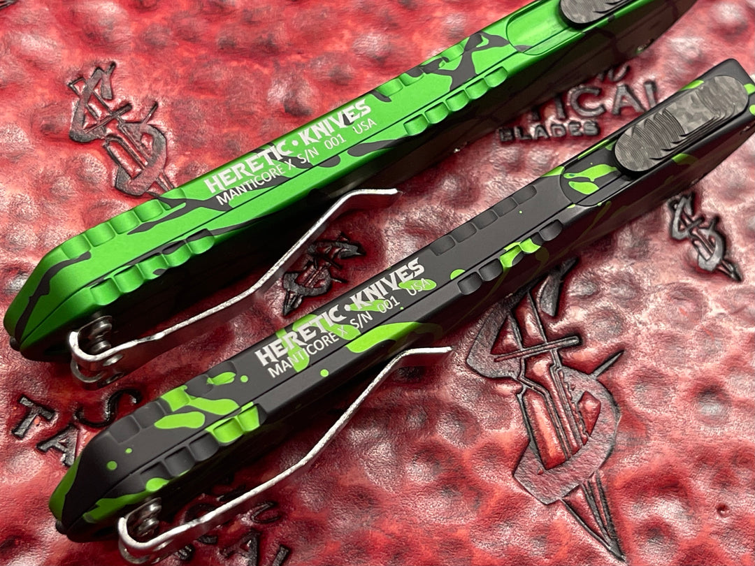 Heretic Knives Manticore X Splash Set of 4, Mosaic Damascus, Splash anodizing, specially packaged serial #001 Double action OTF Knives