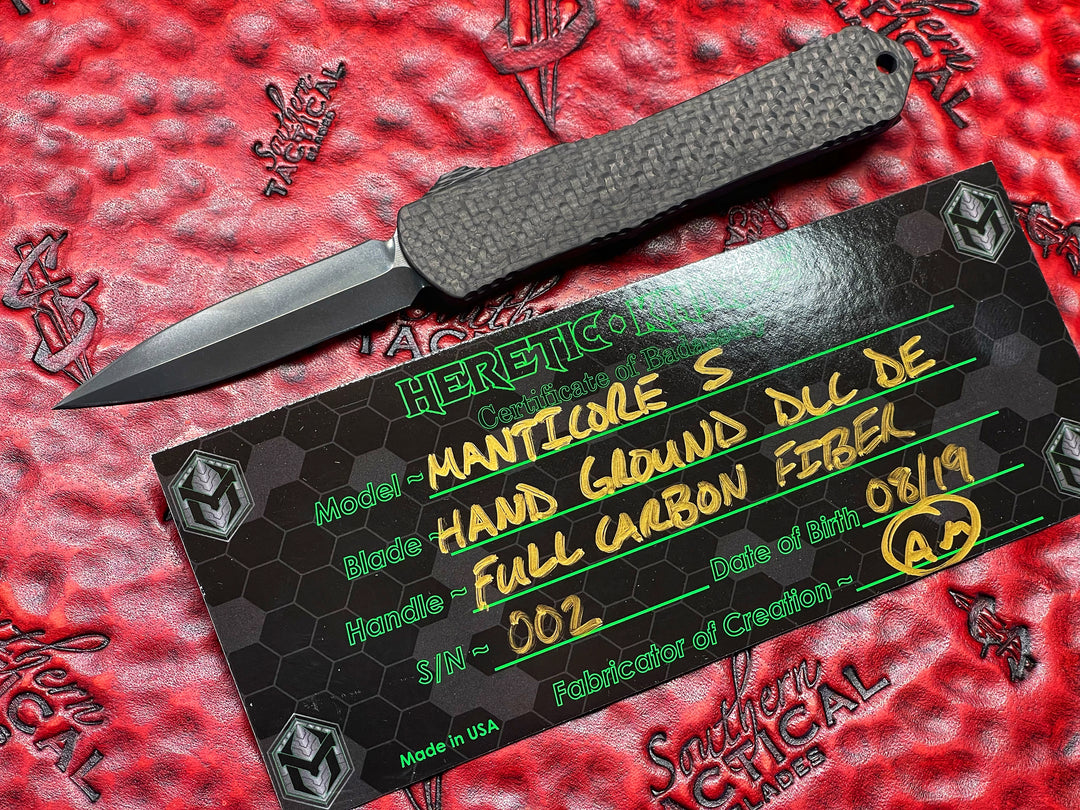 Heretic Knives Manticore S, Hand Ground Double Edge DLC Blade, Full Carbon Fiber Blade.
