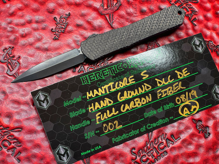 Heretic Knives Manticore S, Hand Ground Double Edge DLC Blade, Full Carbon Fiber Blade.