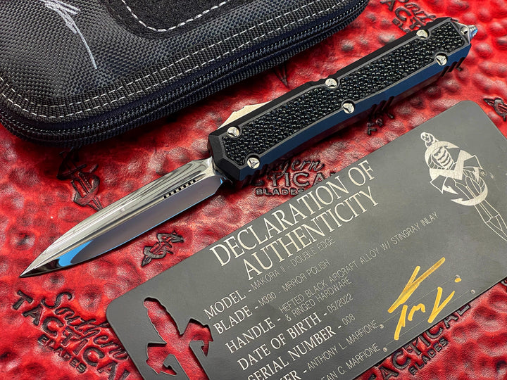 Marfione Custom Knives MAKORA, Double Edge Mirror Polished, Hefted Alloy w/ StingRay Inlay, Ringed Titanium Hardware