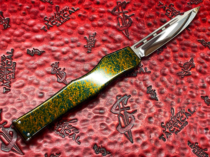 Marfione Custom HALO V, Single Edge Mirror Polished, Splash Anodize Alloy, Single Action OTF Knife