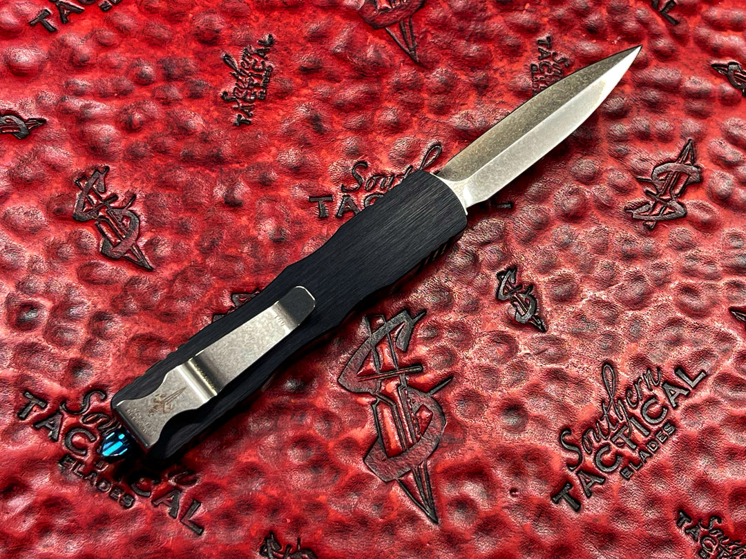 MARFIONE Custom Knives Dirac, Double Edge Spike Grind, Stonewash, Hefted Aluminum Chassis, w Blue Titanium accents, double action OTF knife