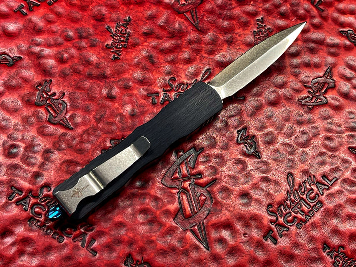 MARFIONE Custom Knives Dirac, Double Edge Spike Grind, Stonewash, Hefted Aluminum Chassis, w Blue Titanium accents, double action OTF knife