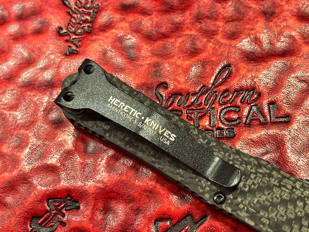 Heretic Knives Manticore S Hand Ground Tanto DLC Blade, Full Carbon Body Double Action OTF