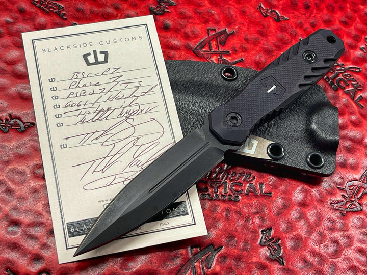 Blackside Custom P7 Fixed Blade Dagger, Hard Coat Aluminum Scales w/ tritium Inlay, Black Cerakote Blade