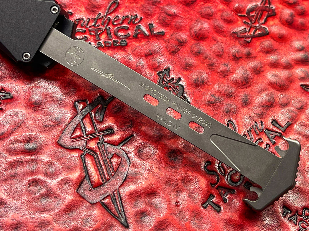 Microtech HALO IV Tanto Edge MARFIONE Select, Stonewash finish, Anodized Alloy, Double Vapor Blast Stainless Hardware (PRE OWNED) Single Action OTF Knife