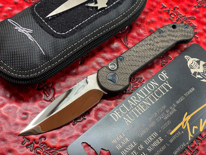 MARFIONE Custom LUDT Single Edge, Mirror Polished, Carbon Fiber Scales, Blue Ringed Titanium Accents Automatic OTS Knife