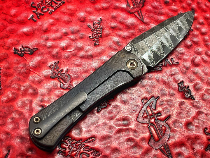 Borka Blades SBDP, Drop Point Grind, Vegas Forge Nitro V Core Damascus, Ti2 Four Horsemen Titanium Scales, Manual Folding Knife