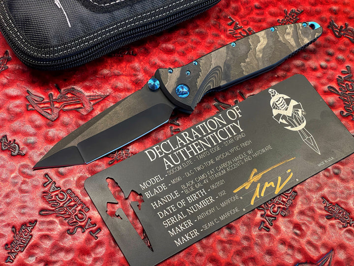 Marfione Custom Socom Elite Tanto DLC Apocalyptic Blade with Star Grind, Black Camo Fat Carbon Scales, Blue Titanium Accents #002