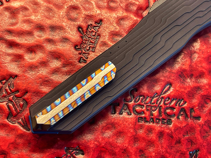 Marfione Custom Cypher, Mirror Polished Single Edge, Stepped Aluminum Chassis, Blue Titanium Accents, Flamed Pocket Clip, Double Action OTF Knife