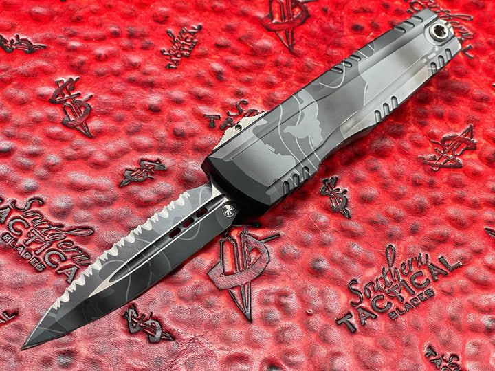Microtech Luminary ZBP Double Edge Signature Series Topographic Urban Camo Full Serrated Tritium insert, Double Action OTF Knife