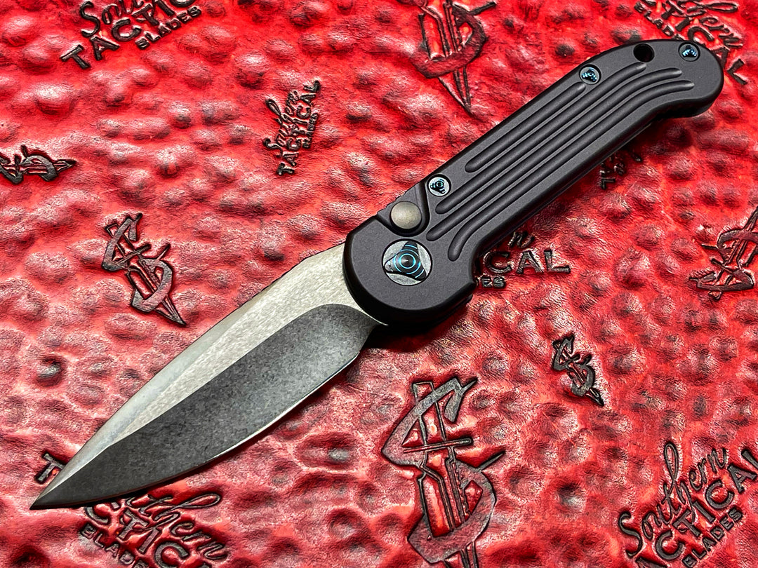 MARFIONE custom LUDT Single Edge, Stonewash DLC, Black Anodized Alloy Scales, Blue Ringed Ti accents, automatic OTS Knife