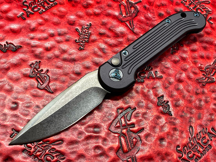 MARFIONE custom LUDT Single Edge, Stonewash DLC, Black Anodized Alloy Scales, Blue Ringed Ti accents, automatic OTS Knife