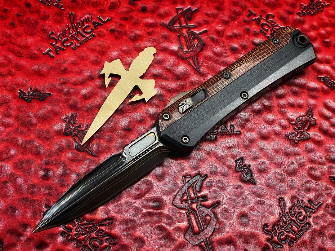 Marfione Custom Glykon 
Hot Blued WWII Pocket Change Pattern Broken Anvil Damascus,
Hefted Black Alloy w/ Burlap Micarta Overlay & DLC Two-Tone
Hardware, Double Action OTF Knife