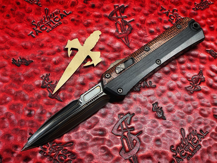 Marfione Custom Glykon 
Hot Blued WWII Pocket Change Pattern Broken Anvil Damascus,
Hefted Black Alloy w/ Burlap Micarta Overlay & DLC Two-Tone
Hardware, Double Action OTF Knife