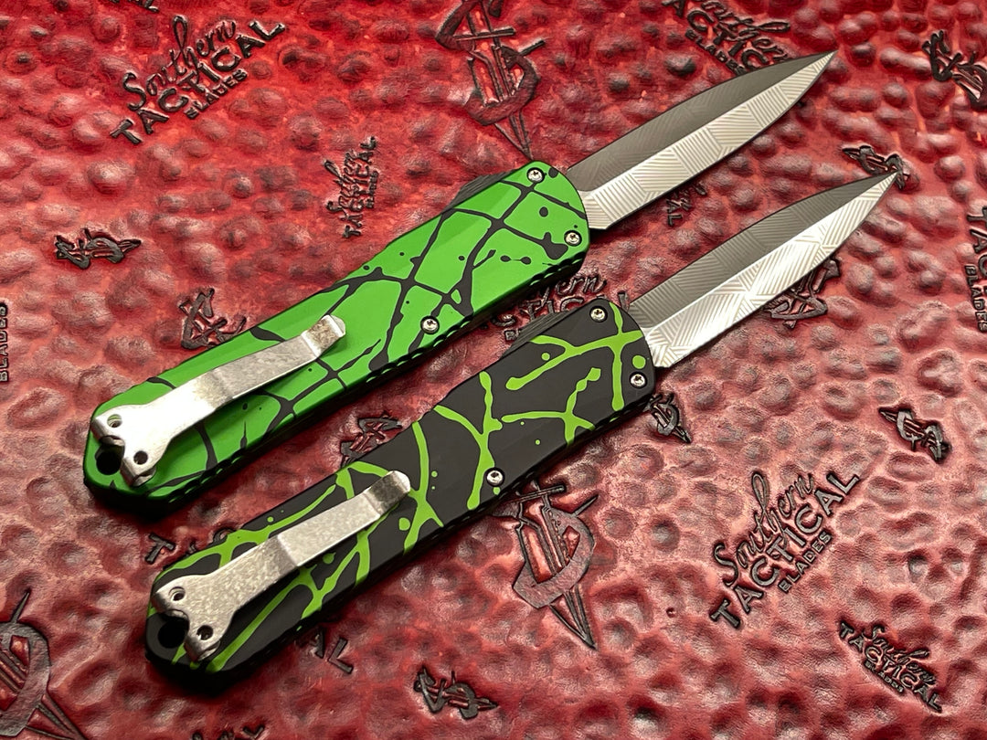 Heretic Knives Manticore X Splash Set of 4, Mosaic Damascus, Splash anodizing, specially packaged serial #001 Double action OTF Knives