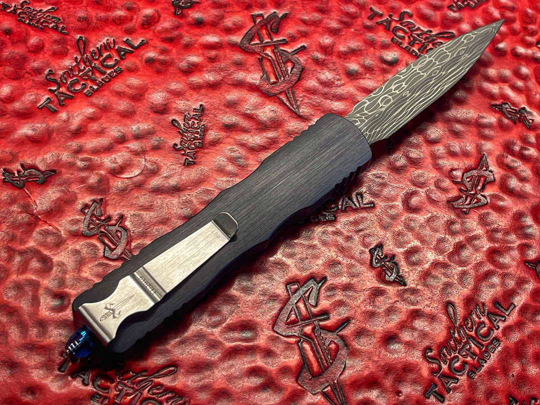 Marfione Custom Dirac Delta, Double Edge Spike Grind, Vine and Rose Damascus, Blue Titanium Accents, Double Action OTF Knife