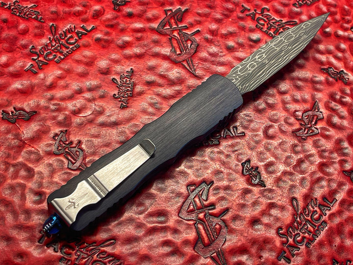 Marfione Custom Dirac Delta, Double Edge Spike Grind, Vine and Rose Damascus, Blue Titanium Accents, Double Action OTF Knife