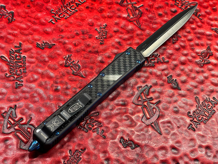 Microtech Knives Makora II, Double Edge Satin DLC, Carbon Fiber In-lay, Blue Titanium Accents, BLACK DIAMOND EDITION, Double Action OTF Knife
