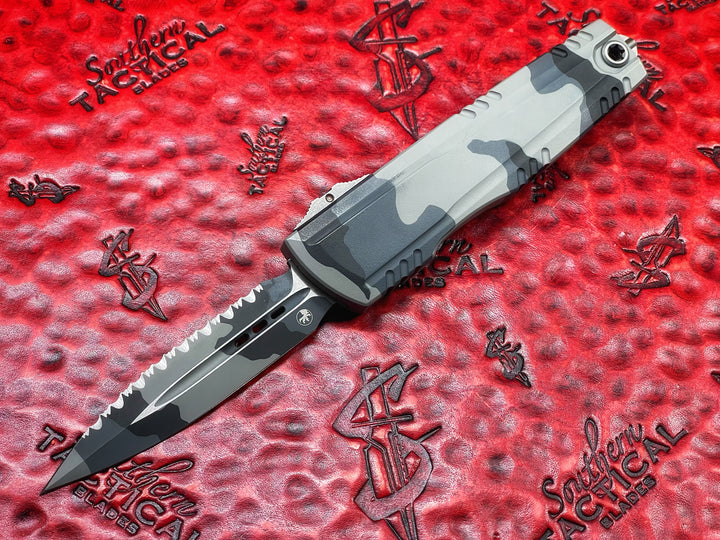 Microtech Luminary ZBP Double Edge Signature Series Urban Camo Full Serrated, Tritium Button (PRE OWNED)Double Action OTF Knife