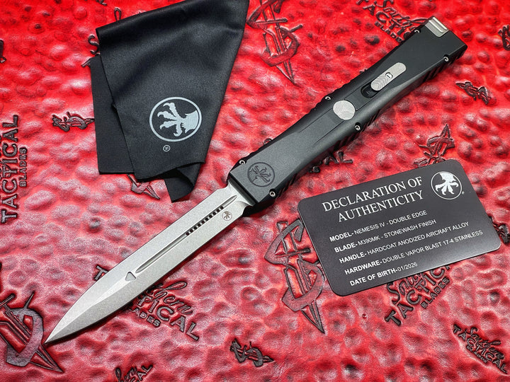 Microtech Nemesis IV, Double Edge, MARFIONE Select, Stonewash Finish, Anodized Alloy, Double Vapor Blast Stainless Accents, Single Action OTF Knife
