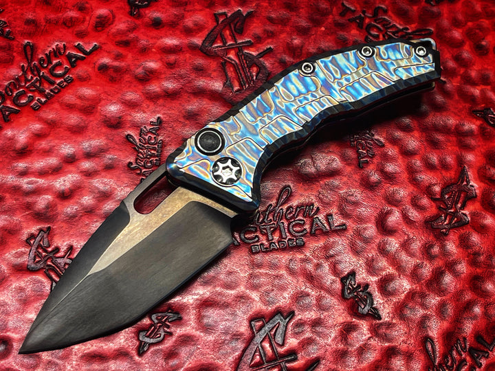 Heretic Knives Martyr Auto, DLC Blade, LSCF Button, Blazed Titanium Scales, Automatic OTS Knife