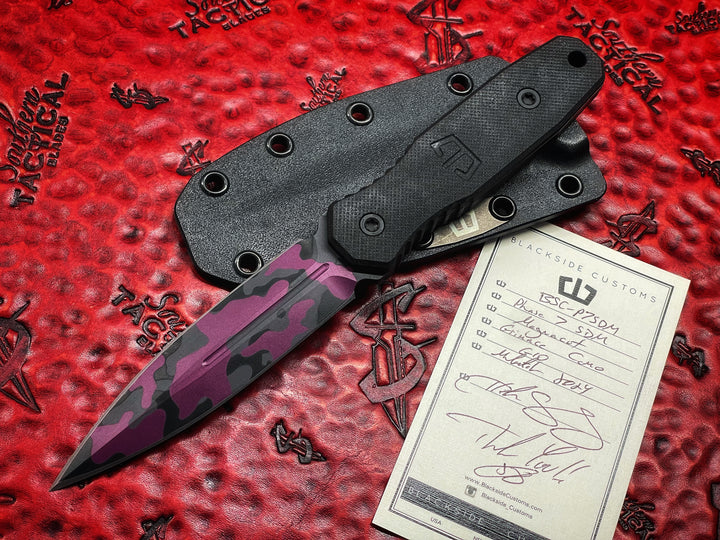 Blackside Customs P7 SDM Double Edge Dagger Fixed Blade, Grimace Camo Cerakote, Black G10