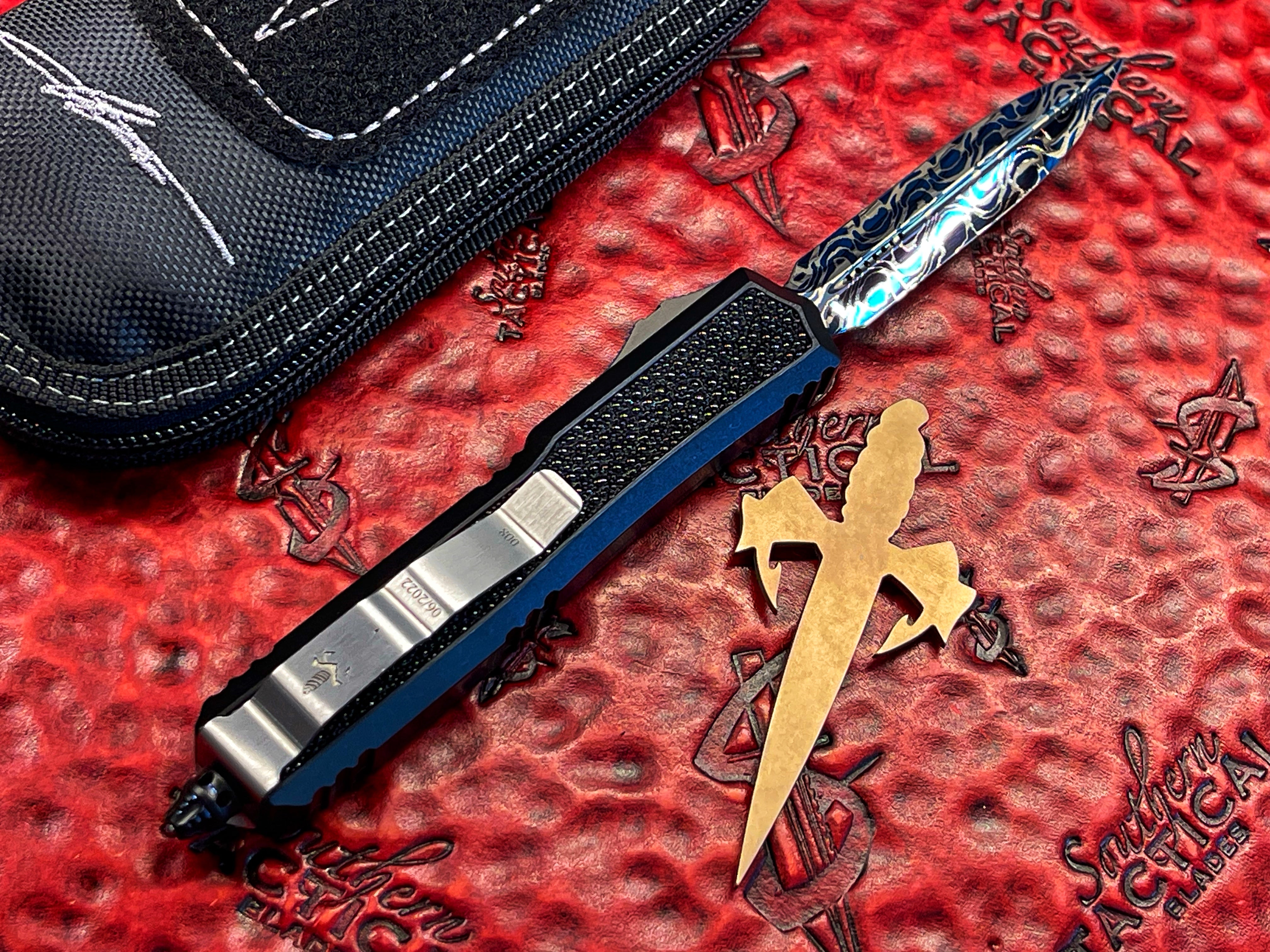Marfione Custom Knives MAKORA, Double Edge Blued Wasphead Pattern Vegas Forge Damascus, Hefted Alloy w/ StingRay Inlay, Blue Ringed Titanium Hardware