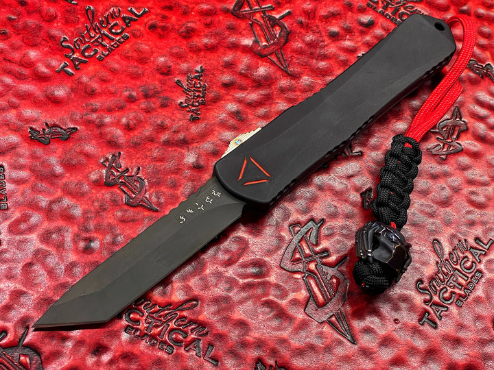 Heretic Knives Manticore X Tanto DLC  Predator Edition w/ Carbon Fiber Back and Flamed Ti Accents. Cobalt Predator Bead