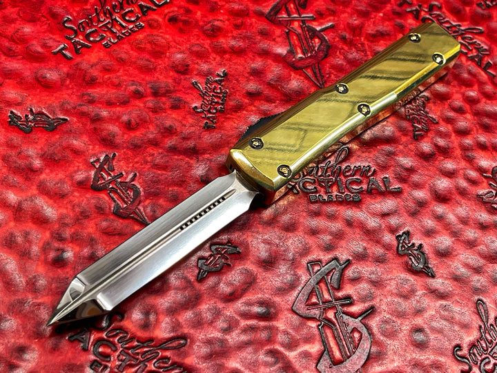 Pre-Owned Marfione Custom Brass Ultratech OTF Knife – Spartan Edge, Satin Blade