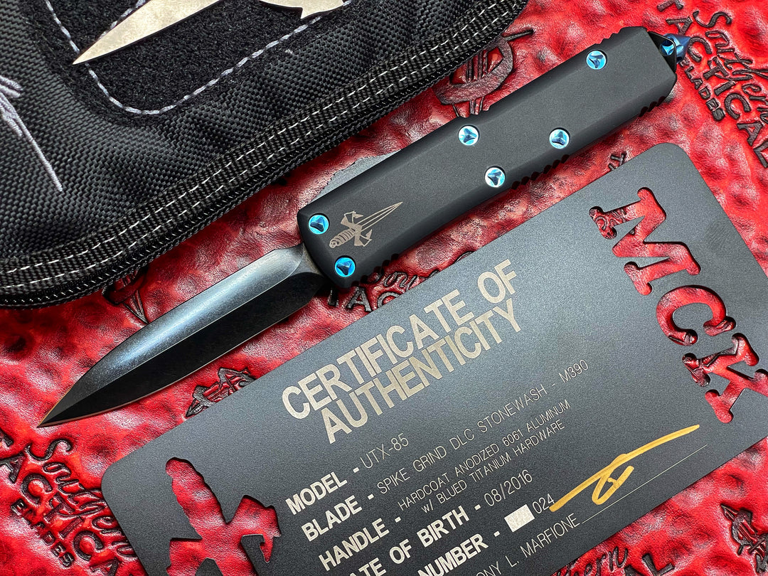 MARFIONE Custom UTX-85 Double Edge Spike Grind, Stonewash DLC, Blue Titanium Accents, Double Action Automatic OTF Knife